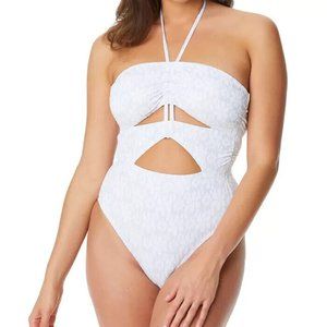 JESSICA SIMPSON Flower Power Solids Ruched Front Halter One-Piece Swimsuit,XL